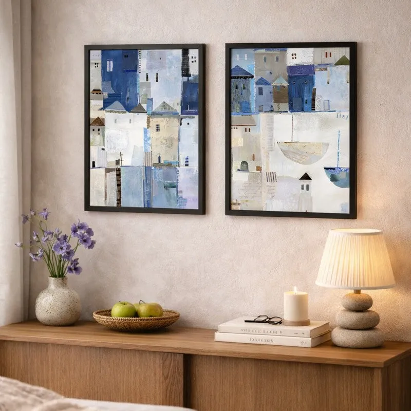 Blue Facades Paper Wall Painting With MDF Frame - Set Of Two media 3