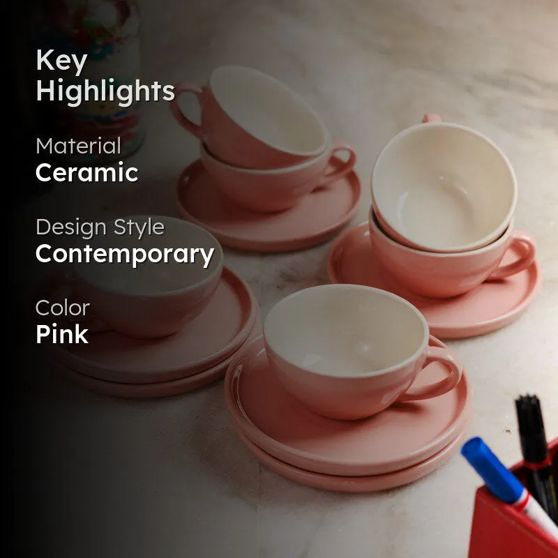 Blush & Brew Cup & Saucer (Pink/240 mL Each) - Set of Six - 2