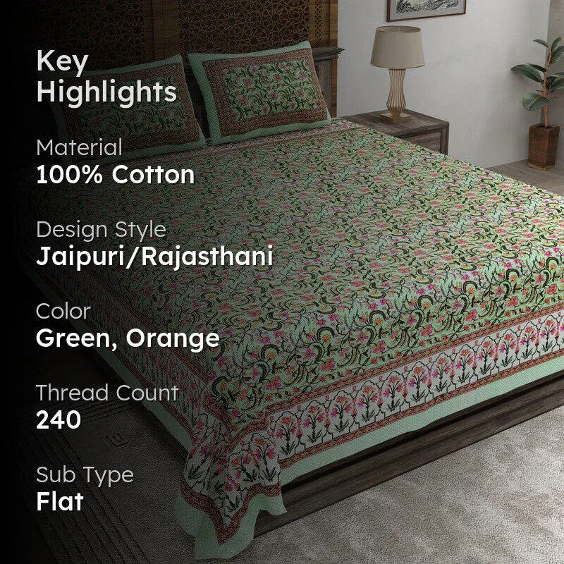 Formio Cotton Bedsheet (Green,Orange) - 240 TC media 2