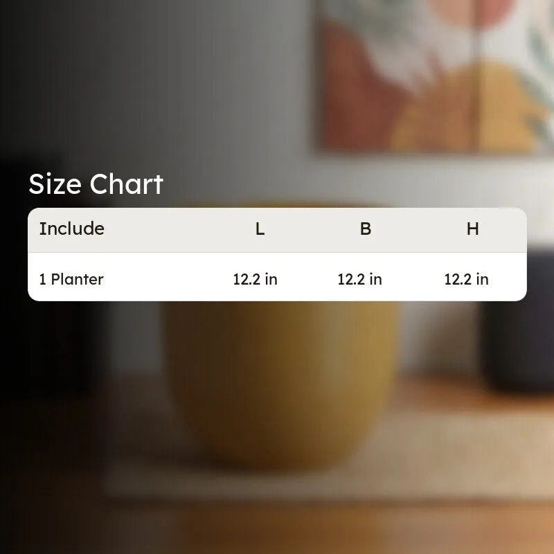 Brown planter shown with a size chart against a softly styled background.