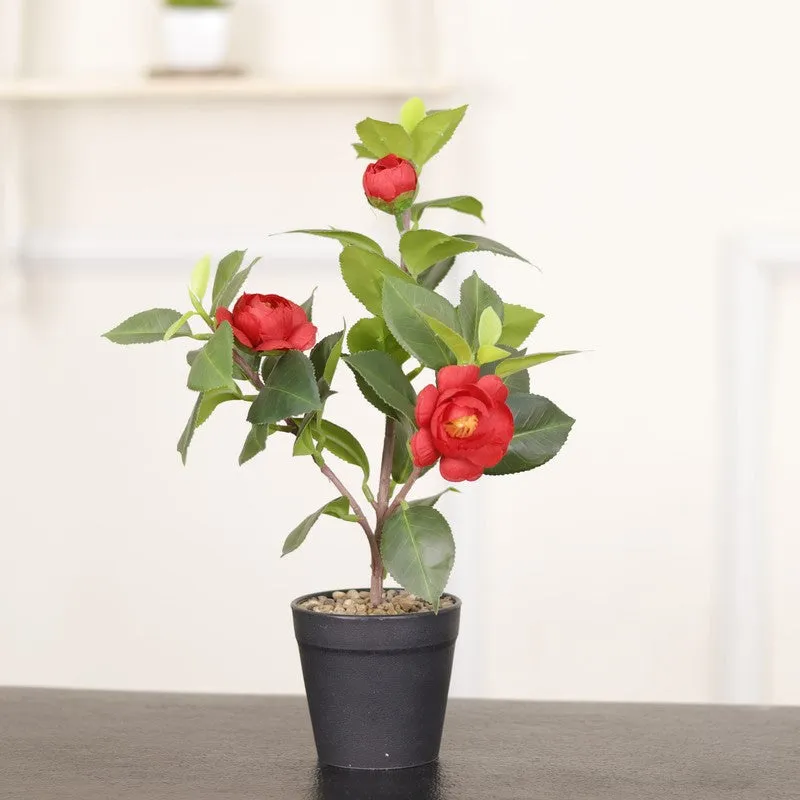 Artificial Red Rose Flower Plant With Black Fiber Pot - 1.2 Feet media 5