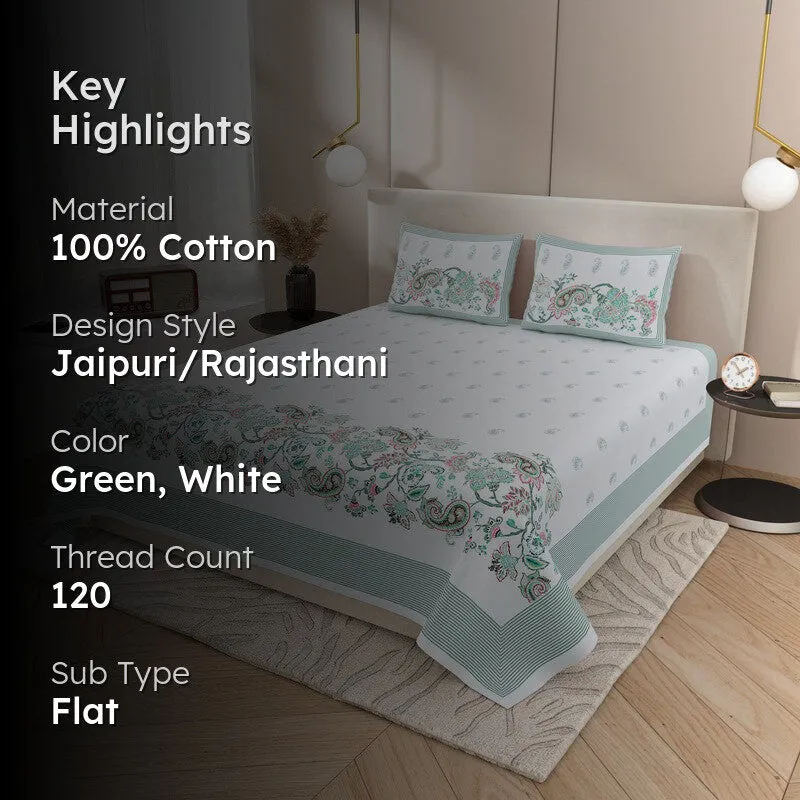 Royal Glow Cotton Bedsheet (Sea Green,White) - 120 TC media 2