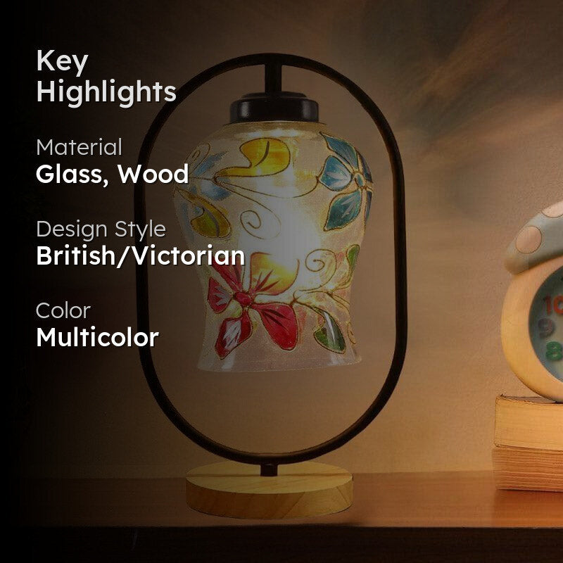Floral Dazzle Glass Table Lamp with Wooden Base - Multicolor media 2