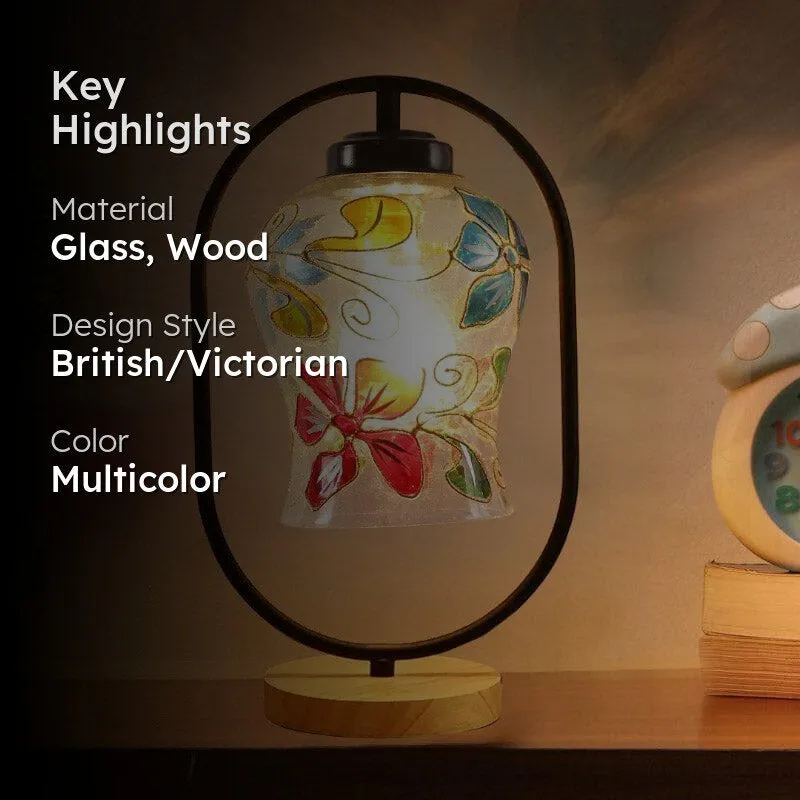 Floral Dazzle Glass Table Lamp with Wooden Base - Multicolor media 2