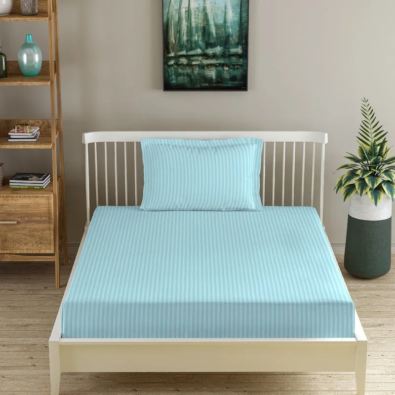 StripeScape Glace Cotton Fitted Bedsheet (Sky Blue) - 130 GSM - 4