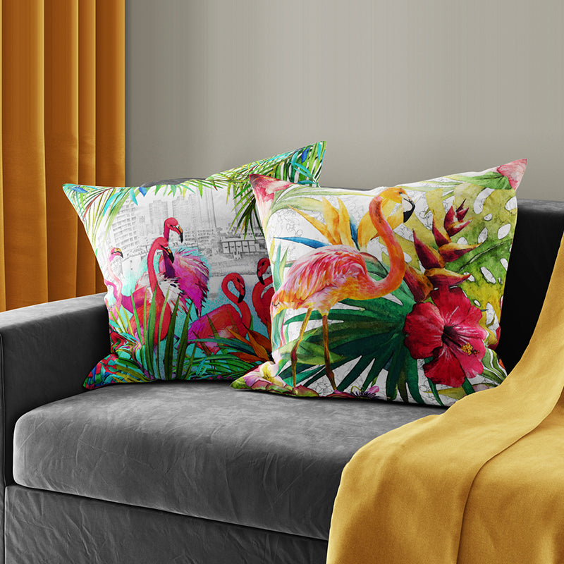 Tropical Birds Printed Cushion Cover Set - Set Of Two