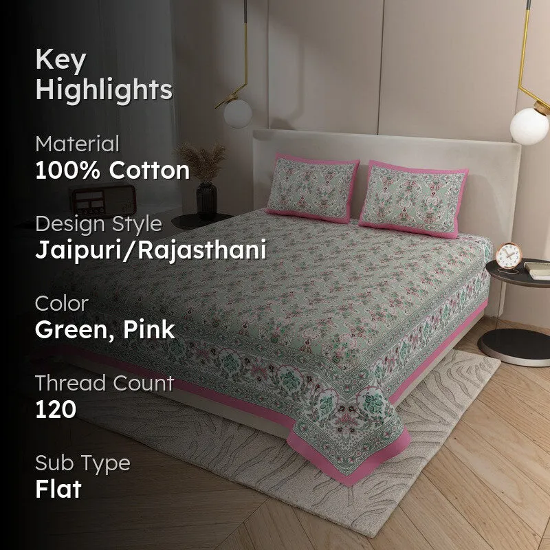 Rang Flowy Cotton Bedsheet (Green,Pink) - 120 TC media 2
