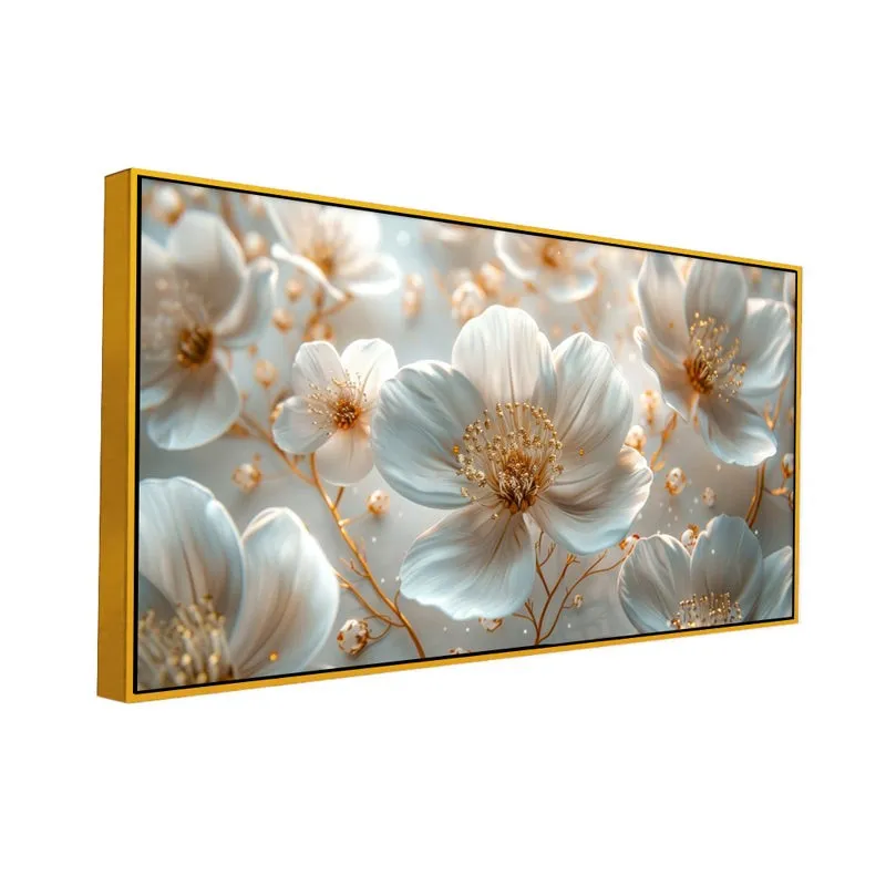 Celestial Ivory Petals Floral Canvas Wall Painting With Frame - Gold media 3