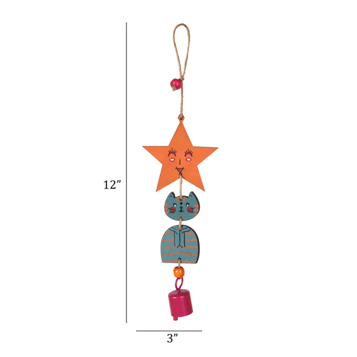 Kitty windchime shown with its 12-inch height and 3-inch width