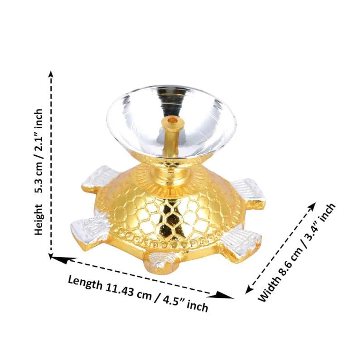 Gold and silver tortoise diya shown with its compact dimensions