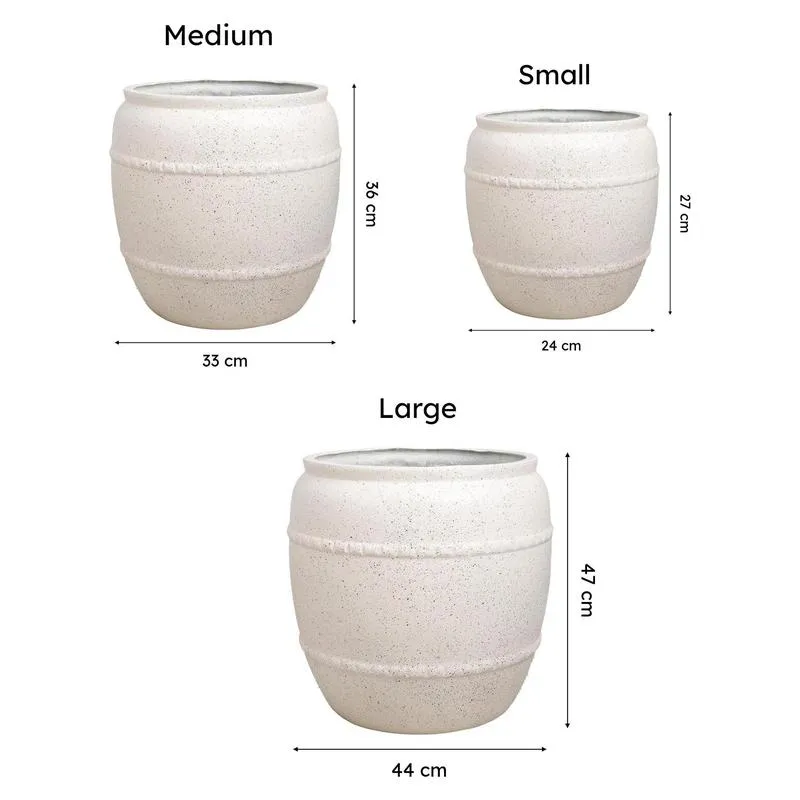 Small, medium and large off-white planters shown with their dimensions