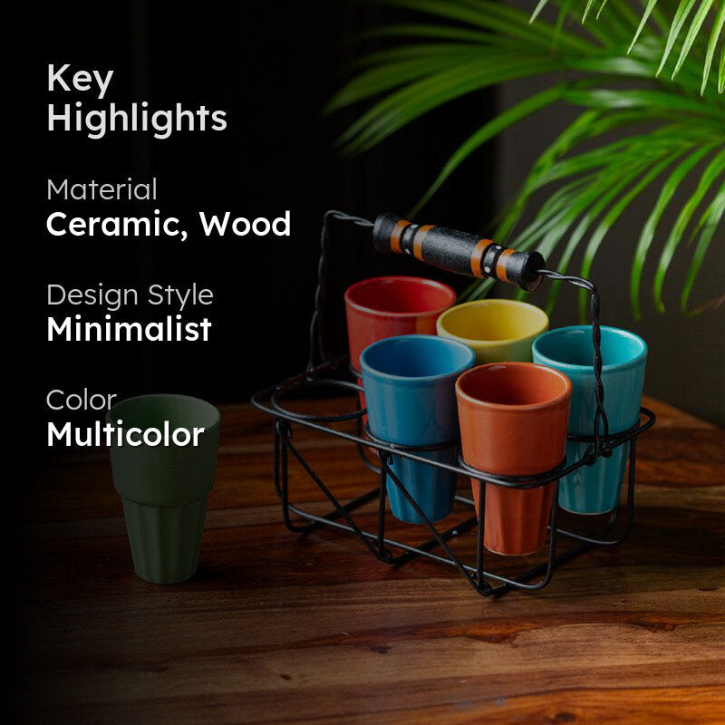 Mitti Rang Ceramic Cutting Chai Glass With Holder (110 ML Each) - Seven Piece Set image 2