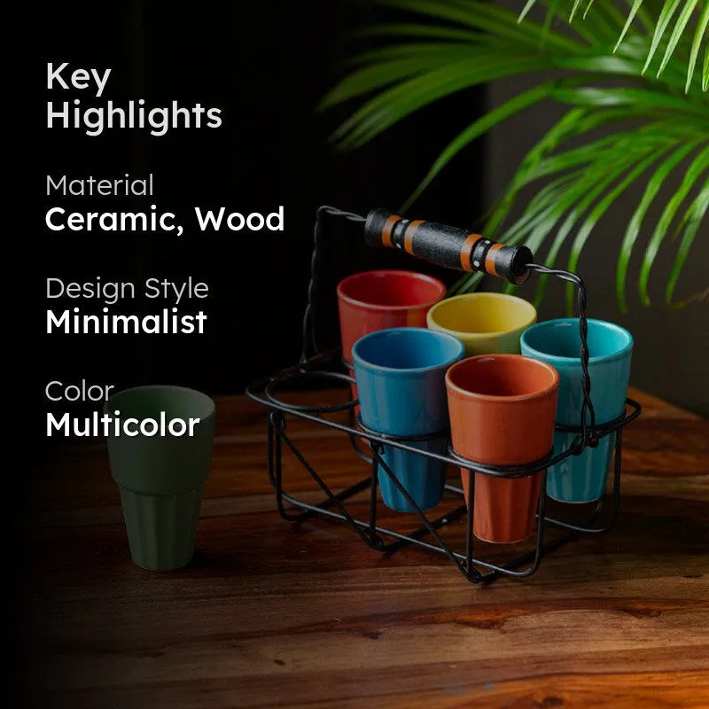 Mitti Rang Ceramic Cutting Chai Glass With Holder (110 ML Each) - Seven Piece Set media 2