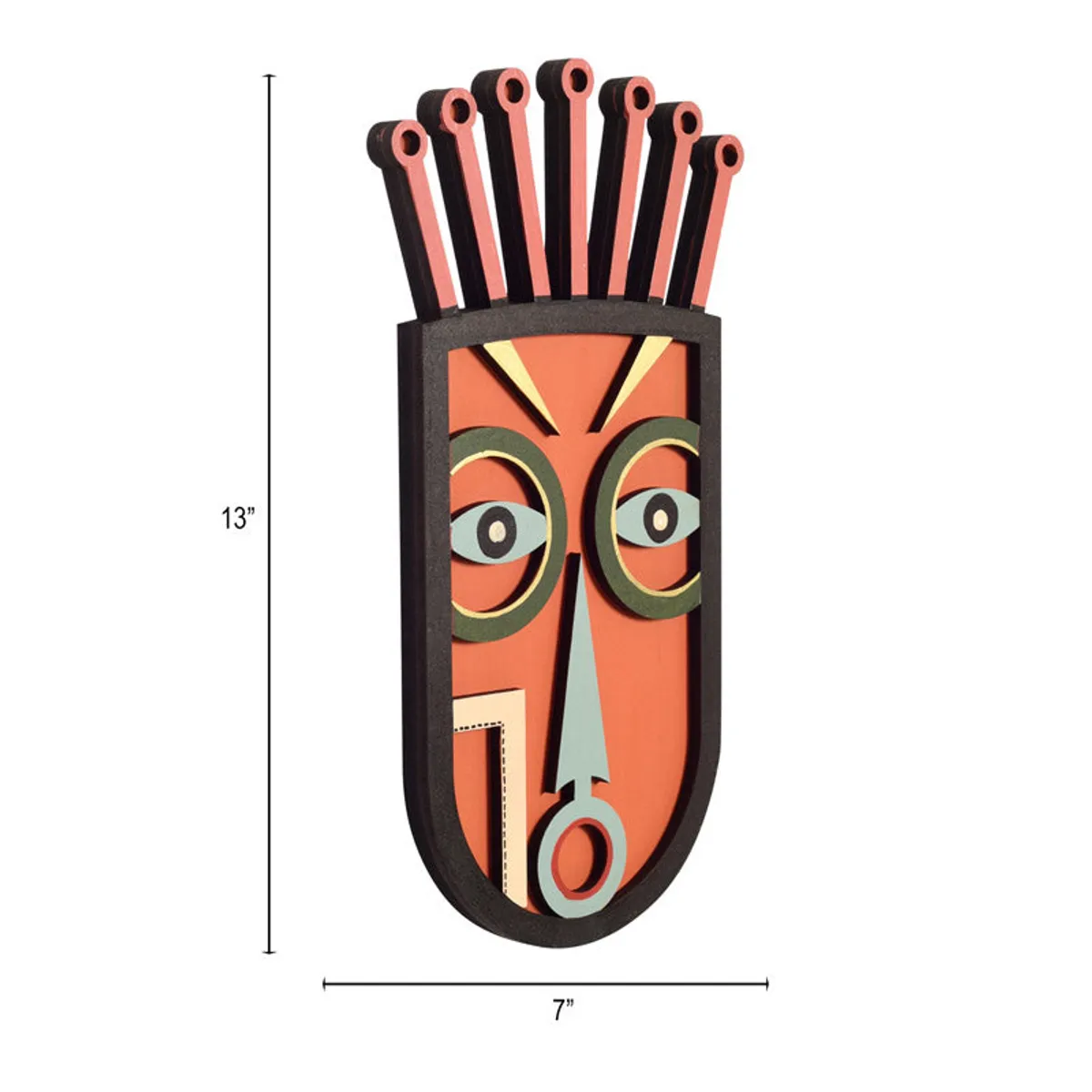 Side view of a colourful wooden wall mask with its expressive raised details.