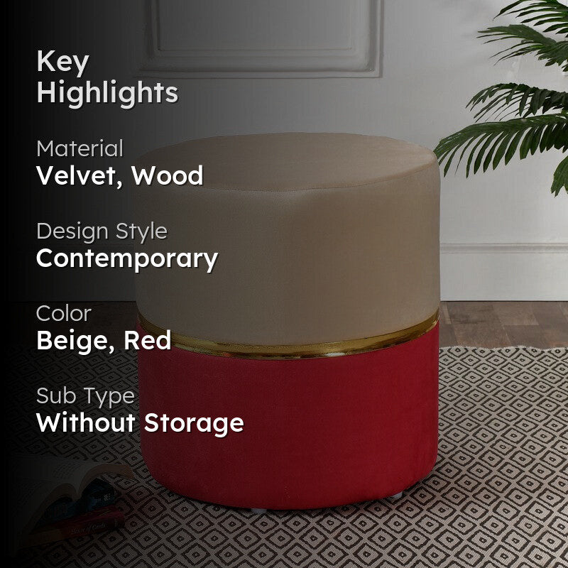 Dualtone Solid Velvet Pouffe - Beige & Red media 2
