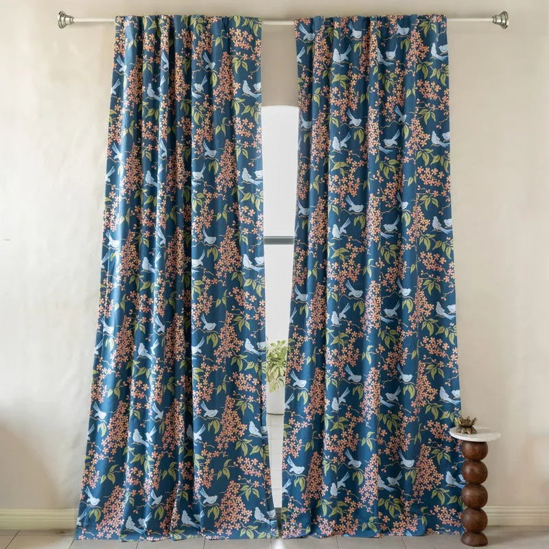 Tranquebar Home Floral Majesty Polyester Curtains(Blue) - Set Of Two media 3