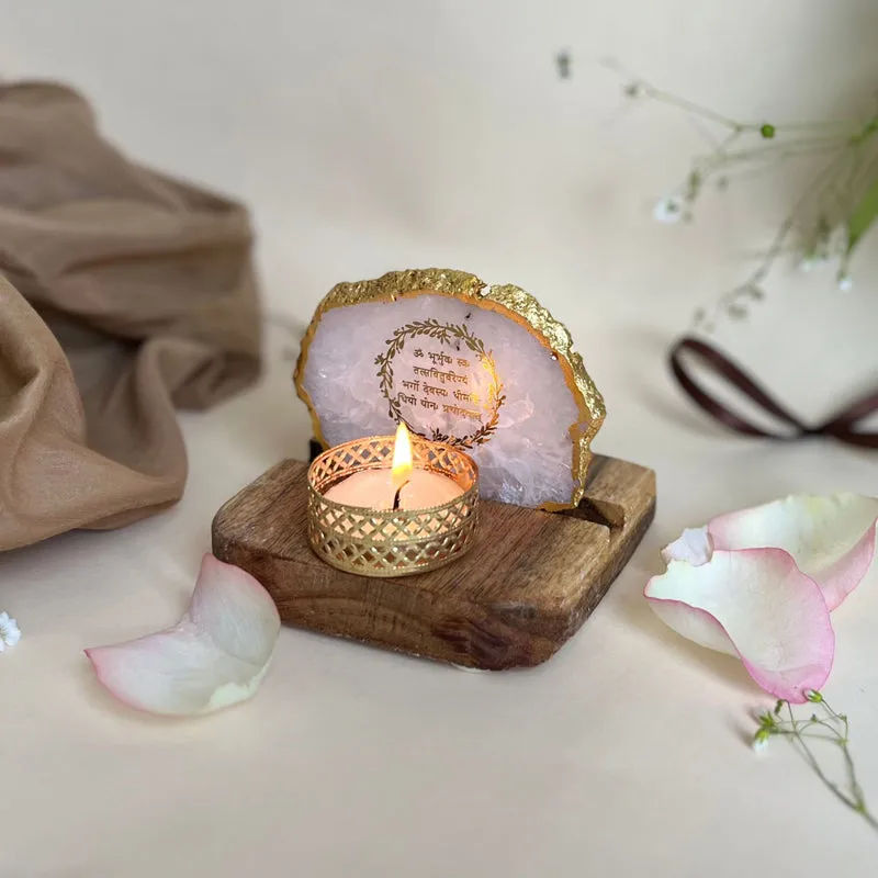 Gayathri Mantra Handcrafted Agate Religious Accent With Tealight Candle Holder - White media 3