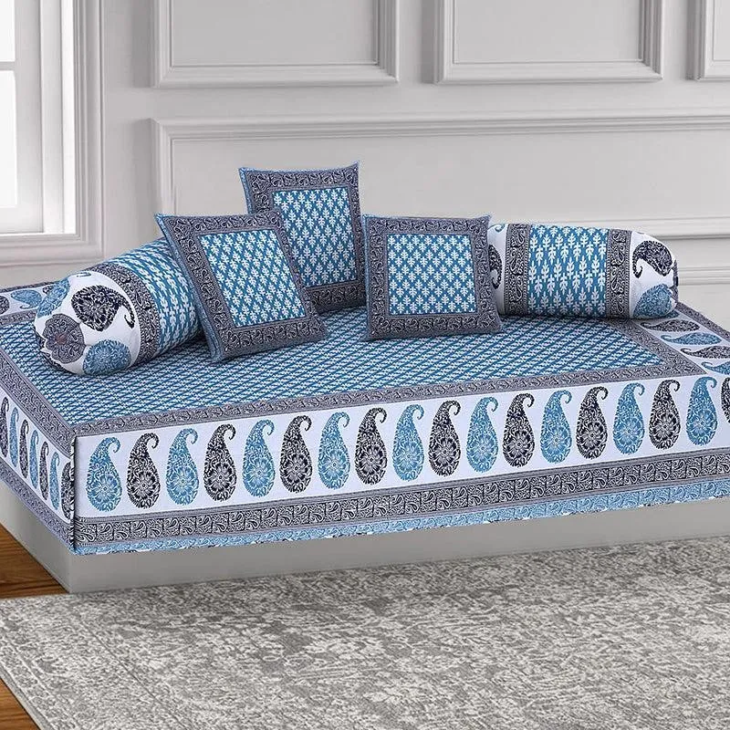 Suvarna Printed Diwan Set (Blue) - Six Piece Set media 1
