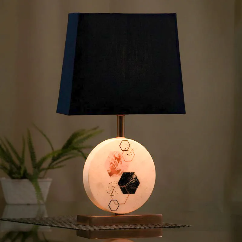 Hexa Marble & Copper Base Fabric Table Lamp - Blue,White media 1