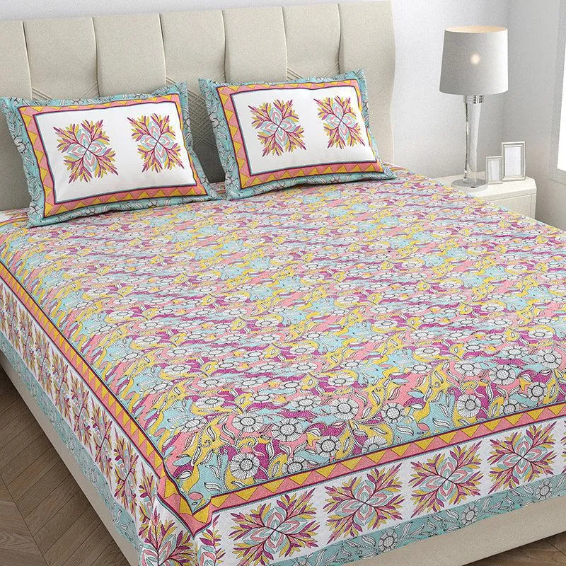 Nidra Nector Floral Cotton Bedsheet (Green & Pink) - 150 TC media 3