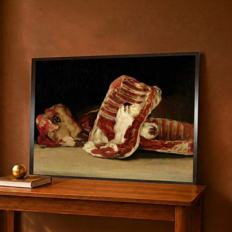 Still Life of Sheep's Ribs and Head - the Butcher's Conter Canvas Wall Painting - 12 x 9 Inches