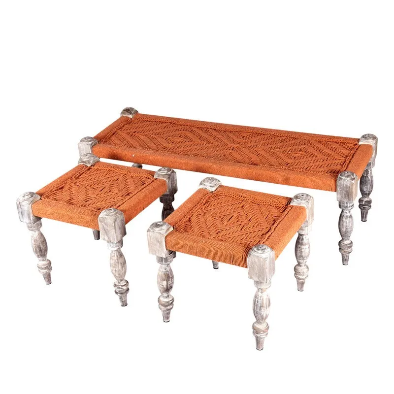 Crixo Sheesham Wooden Bench with Stools (Orange) - Three Piece Set media 3