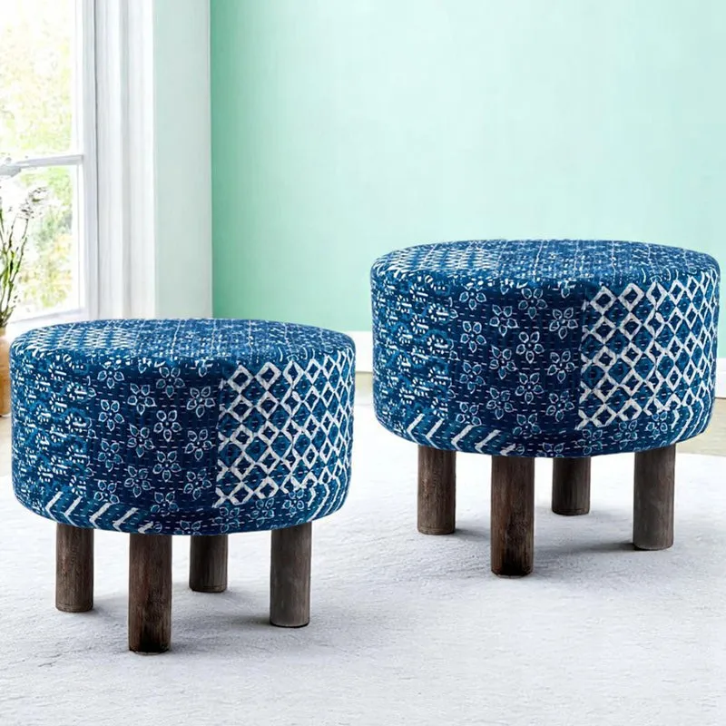 Pverix Acacia Wooden Ottomans (Blue) - Set Of Two media 1