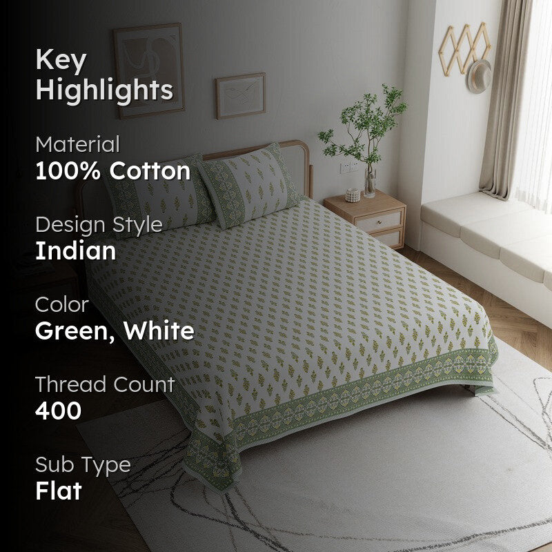 HeritagePetal Handblock Printed Cotton Bedsheet (Green) - 400 TC media 2