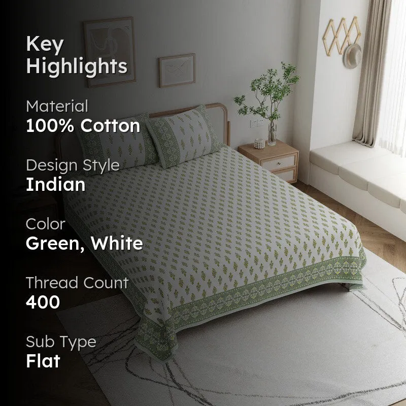 HeritagePetal Handblock Printed Cotton Bedsheet (Green) - 400 TC media 2