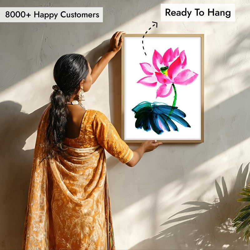 Pink Minimal Lotus Archival Paper Wall Art  - Natural Brown Frame media 8