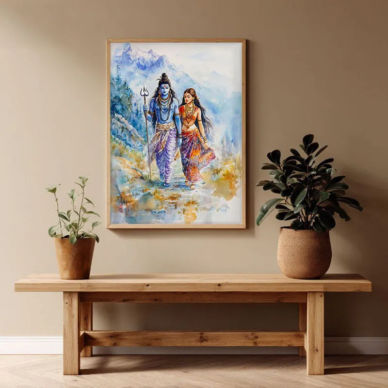 Gangadhara Parvati Spiritual Archival Paper Wall Painting - Natural Brown Frame media 1