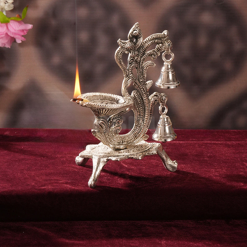 Chandrika Metal Diya with Bells - Silver Finish media 3