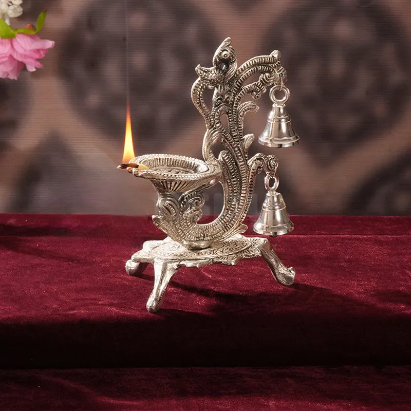 Chandrika Metal Diya with Bells - Silver Finish media 3