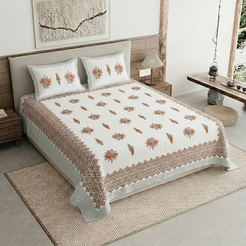 Ethnic Bloom Cotton Bedsheet (Orange,White) - 120 TC media 1