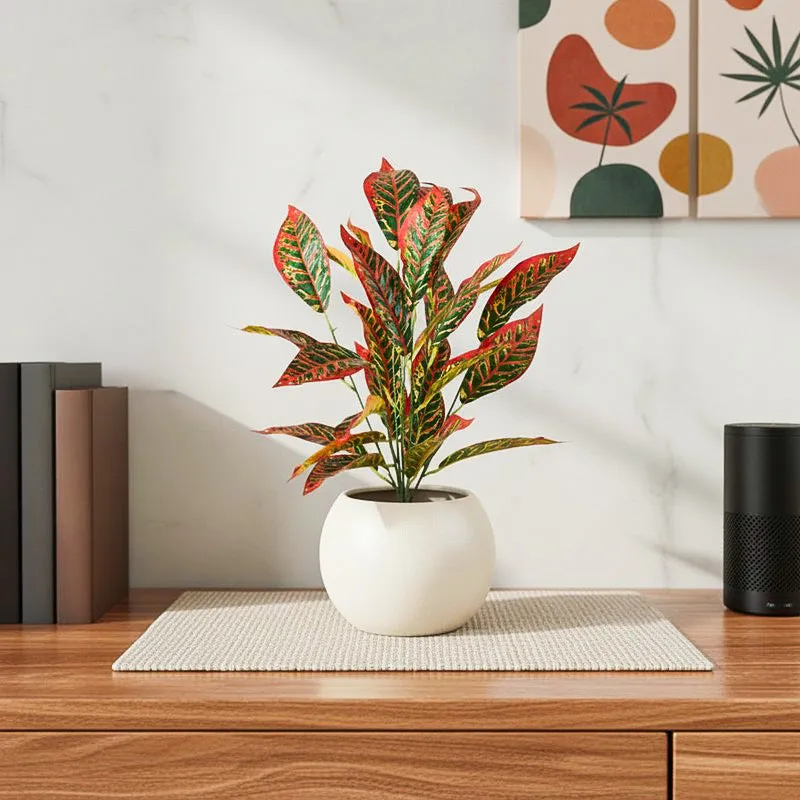 Faux Mammy Croton Plant With Black Plastic Pot - 2.2 Feet media 1