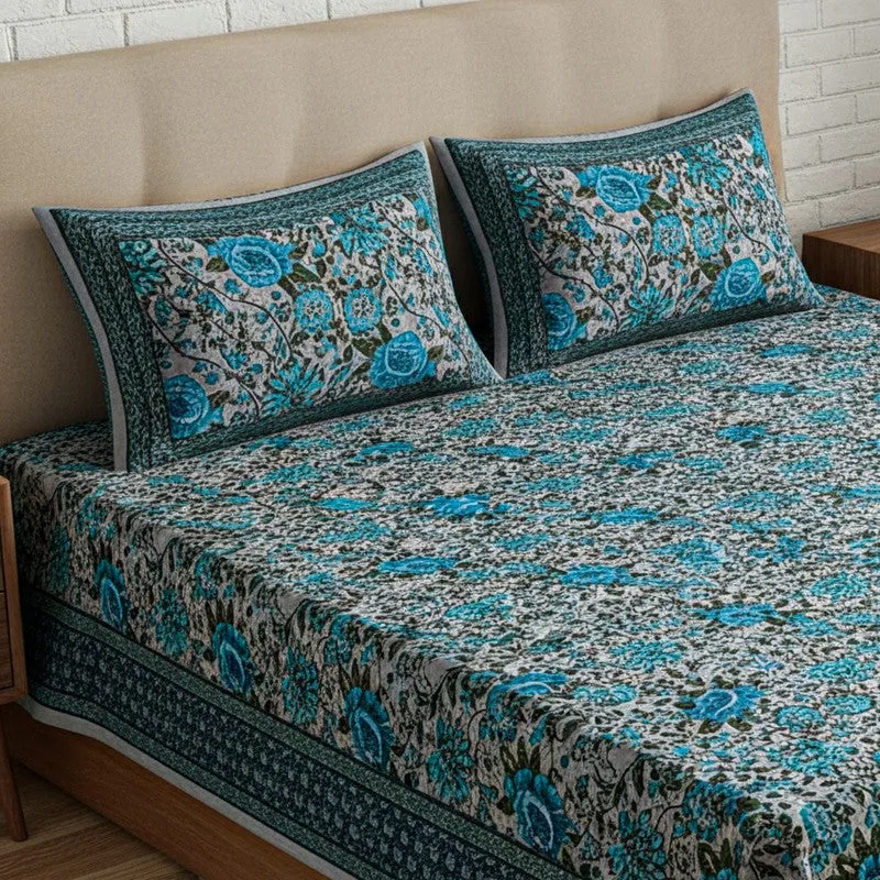 Alderidge Floral Printed Cotton Bedsheet (Blue) - 120 TC media 3