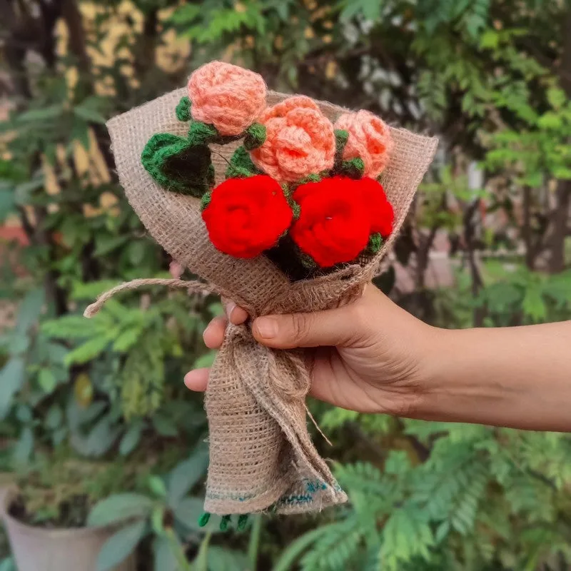 Crochet Handmade Rose Bouquet (Orange,Red) - Set Of Six media 1