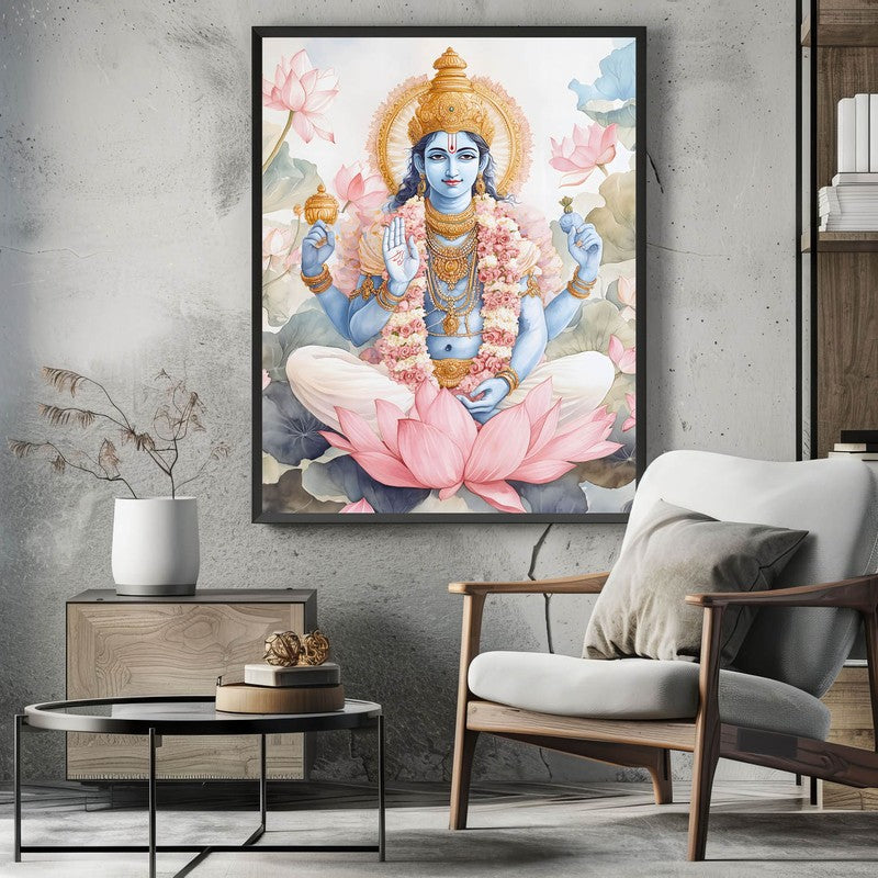 Anantha Padmanabha Spiritual Archival Paper Wall Painting With Frame - Black media 3