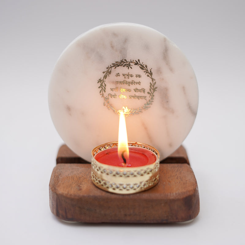 Gayathri Mantra Marble Religious Accent With Tealight Candle Holder