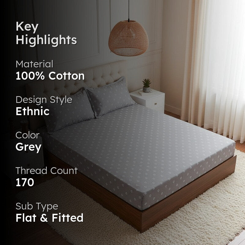 Gazal Floral Cotton Bedsheet (Grey) - 170 TC media 2