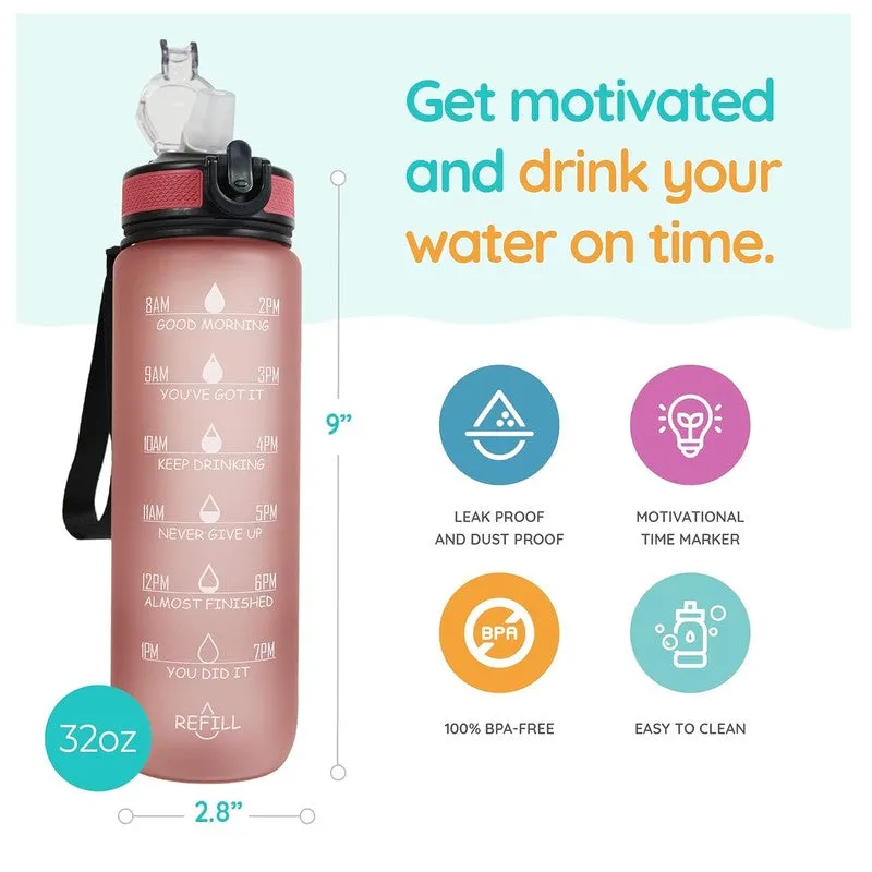 Pink motivational water bottle with icons highlighting key features
