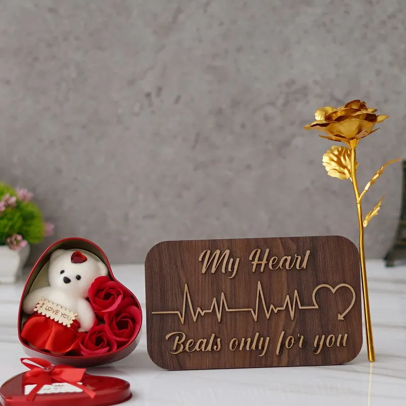Gift set with red heart box, teddy, wooden plaque and gold rose on display