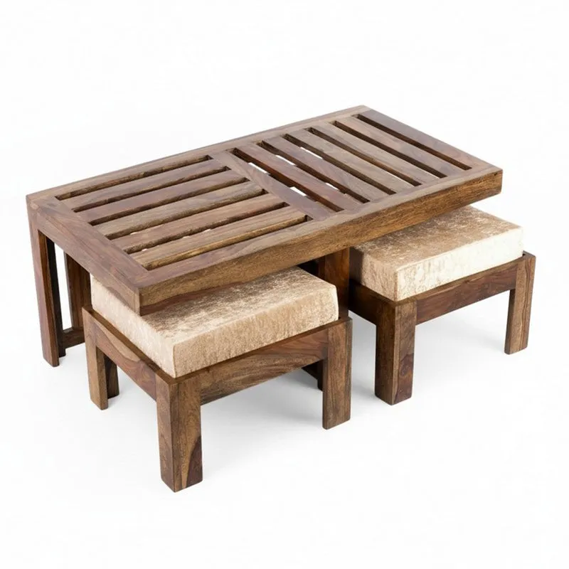 Dravon Sheesham Wooden Center Table with Stools (Brown,Beige) - Five Piece Set media 4