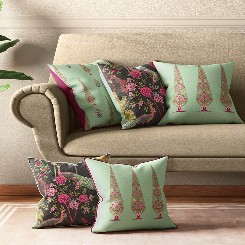 India Circus Peacock & Pine Printed Satin Cushion Cover - Set Of Five