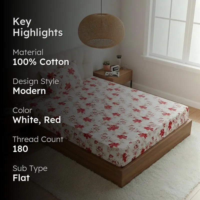 Jumina Floral Printed Cotton Bedsheet (Red) - 180 TC media 2