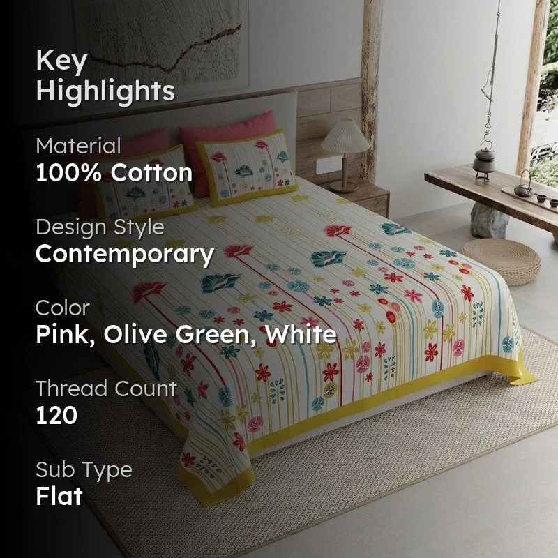 Heritage Calm Cotton Bedsheet (Pink,Olive Green,White) - 120 TC media 2