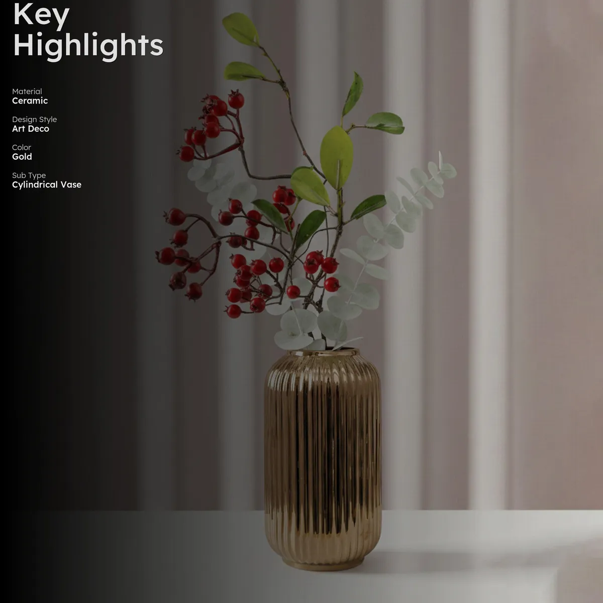 Opulent Ribbed Ceramic Vase - Gold media 2