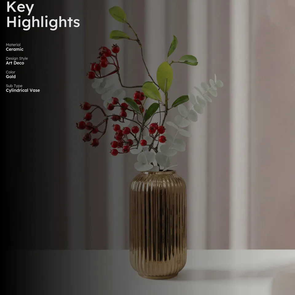 Opulent Ribbed Ceramic Vase - Gold media 2