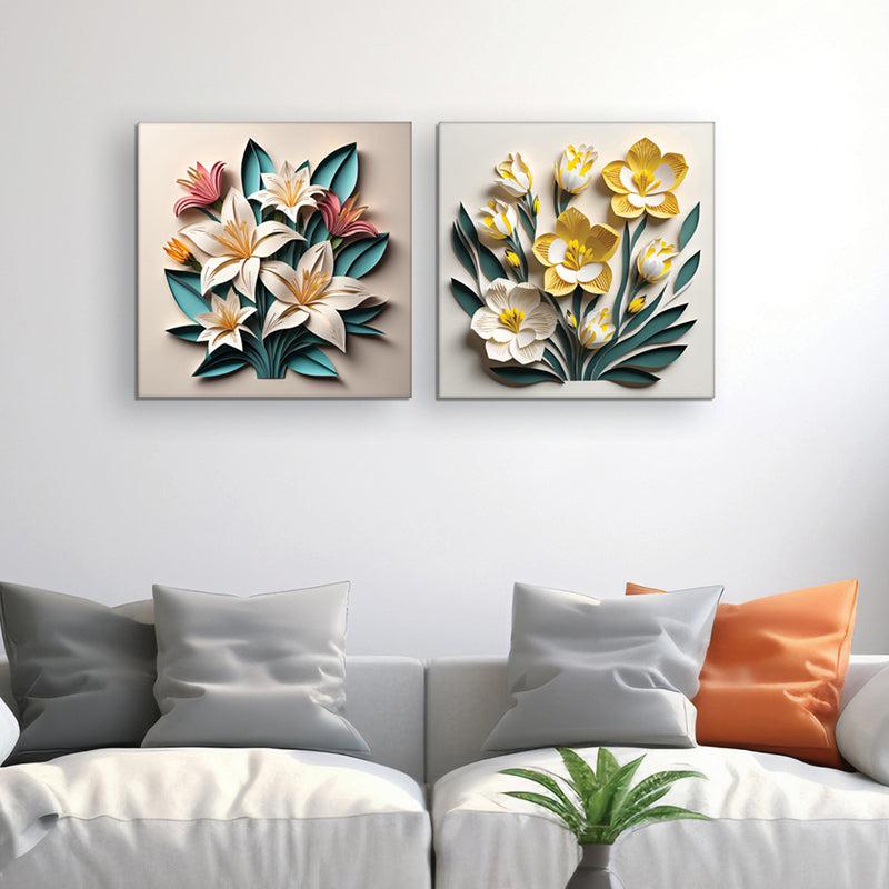 Sculpted Blooms Canvas Wall Painting - Set Of Two