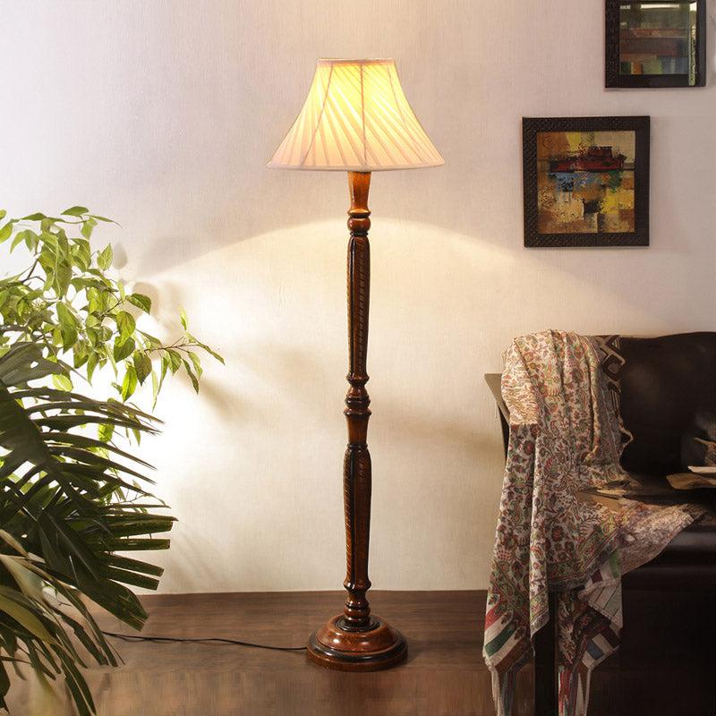 Hima Cross Pleated Vintage Wooden Floor Lamp - Off-White